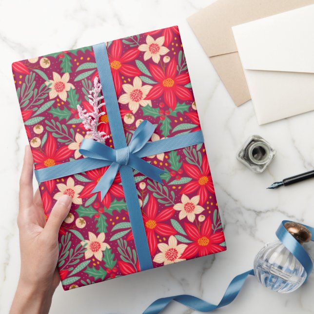Wrapping paper for Christmas with red poinsettia. (Gifting)