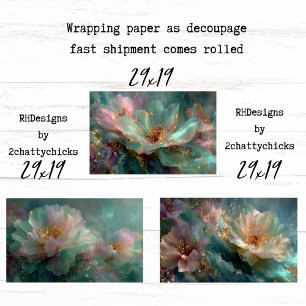 Wrapping Paper for Decoupage Teal Gold Florals 