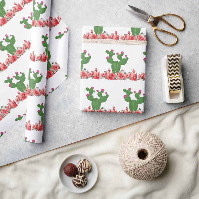 Wrapping Paper Green Cactus Orange Flowers Floral  (Crafts)