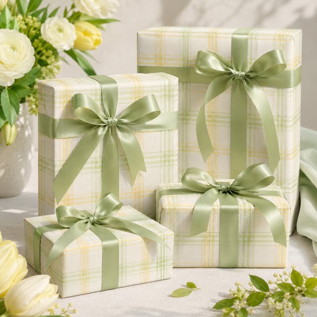 Wrapping Paper | Lemon Plaid Luxe Gift Wrap (Pastel yellow plaid gifts with shiny sage ribbons, styled for elegant spring and everyday gifting.)