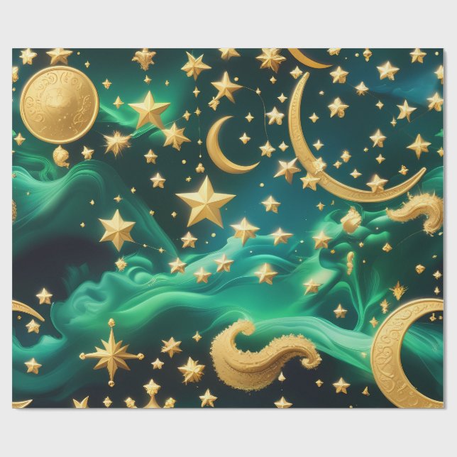 Wrapping Paper – Luxury Emerald Celestial Moon  (Flat)