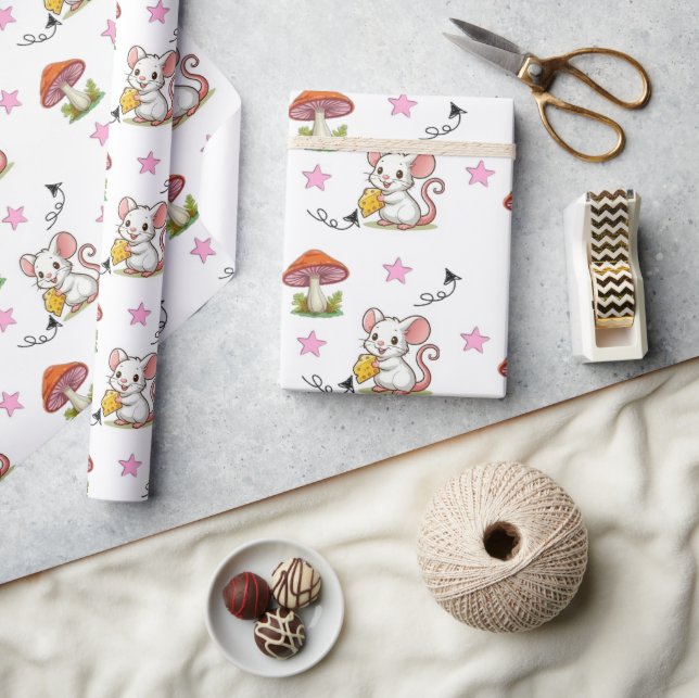 Wrapping Paper Mouse Cheese Pink Hearts Mushroom  (Crafts)