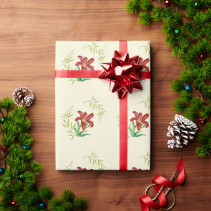 Wrapping Paper Pattern Orange Lily Leafy Green