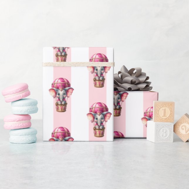 Wrapping Paper Pink & White Stripe Elephant  (Baby Shower)