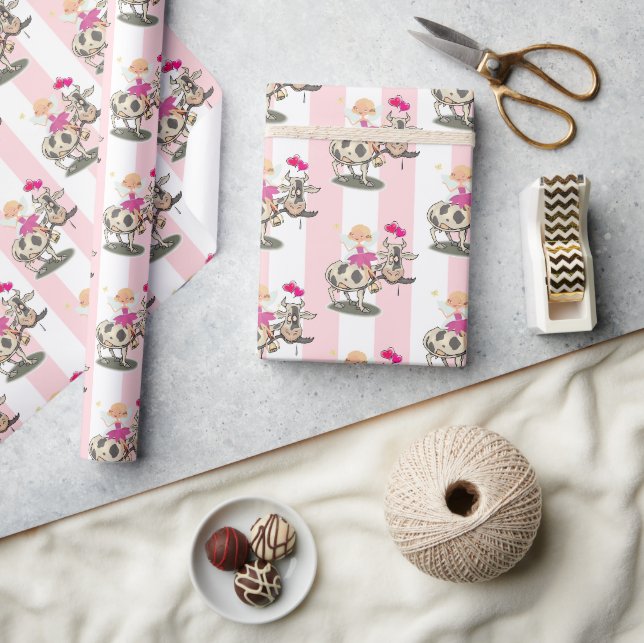Wrapping Paper Pink & White Stripe Fairy Cow (Crafts)