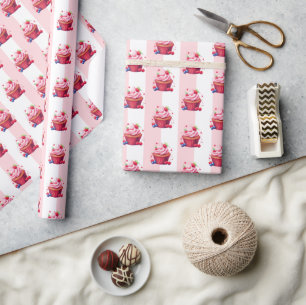 Wrapping Paper Pink & White Stripe Pink Cupcakes