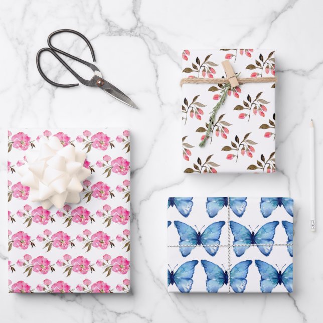Wrapping Paper Set of 3 - Floral Butterfly Design (Front)