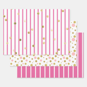 Wrapping Paper Set - Pink Gold Stripes Polka Dots