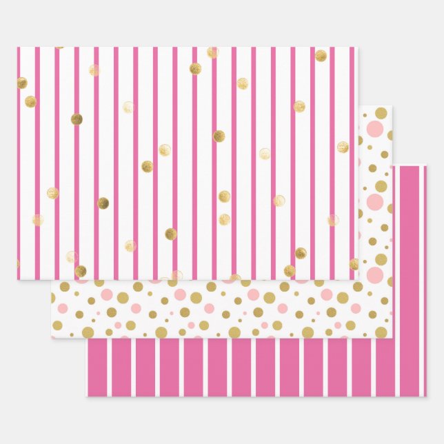 Wrapping Paper Set - Pink Gold Stripes Polka Dots (Set)