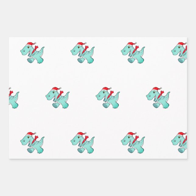 Wrapping Paper Sheet Set Dinosaur in Santa Hat (Front 2)