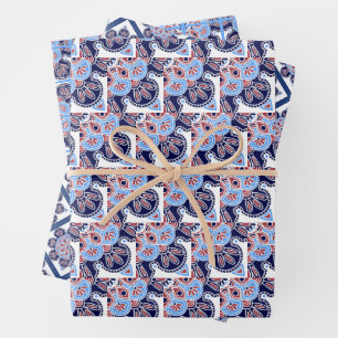 Wrapping paper sheets, blue tile set of 3