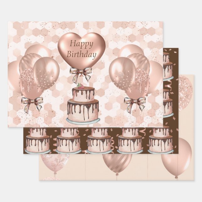 Wrapping Paper Sheets Set of 3 Rose Gold Birthday (Set)