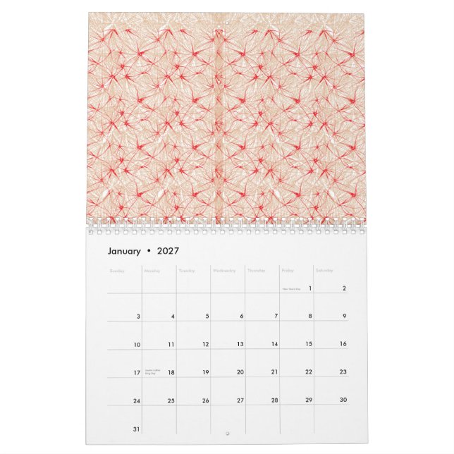 Wrapping paper with a repeating pattern of red, or calendar (Jan 2027)