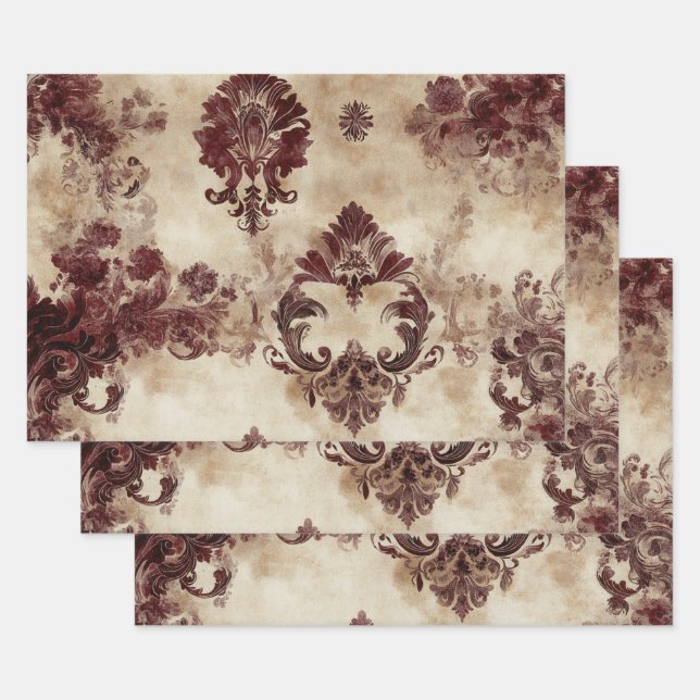 Wrapping Wallpaper Vintage Style Burgundy Motifs  Paper Sheet (Set)