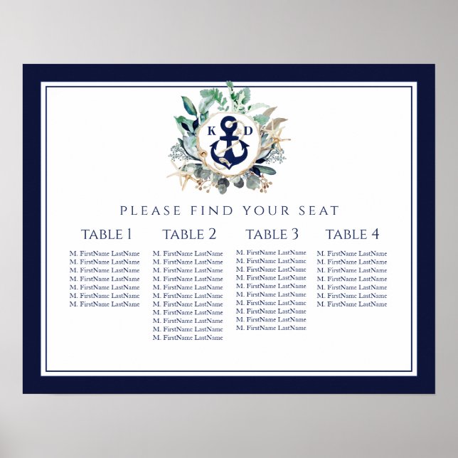 Wreath Anchor Monogram Navy Wedding Seating Chart (Front)