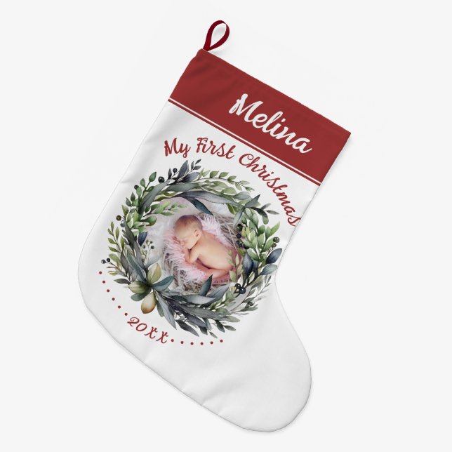 Wreath and greenery Baby's First Christmas photo Large Christmas Stocking (Front (Hanging))