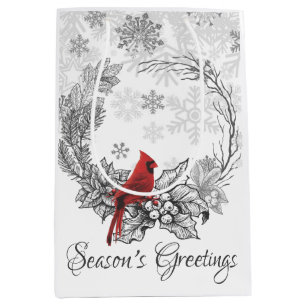 Wreath and Red Bird Season's Greetings Holiday Medium Gift Bag