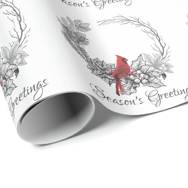 Wreath and Red Bird Season's Greetings Holiday Wrapping Paper (Roll Corner)