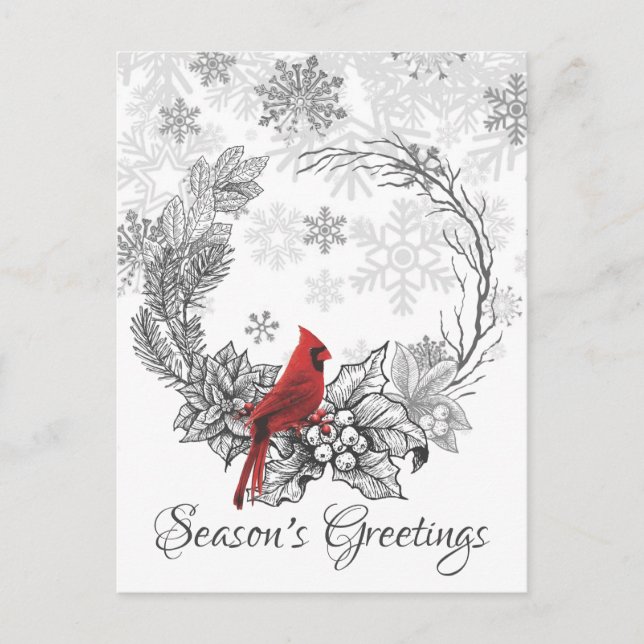Wreath and Red Bird Season's Greetings Winter Holiday Postcard (Front)