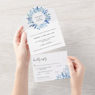 Wreath Blue Leaves Wedding All In One Invitation