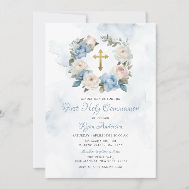 Wreath Blue Pink First Holy Communion  Invitation (Front)