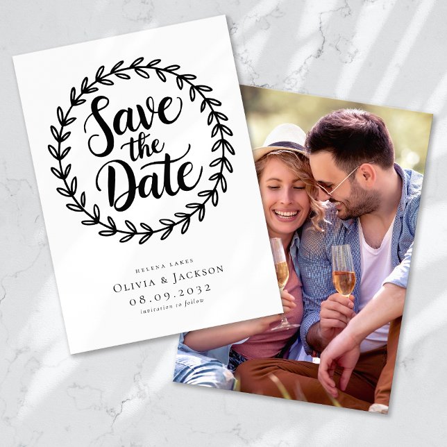 Wreath Calligraphy Photo Wedding Save The Date (Creator Uploaded)