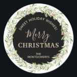Wreath Christmas Homemade Holiday Baking Classic Round Sticker<br><div class="desc">Beautiful "Sweet Holiday Wishes" stickers to label your Christmas holiday homemade goods,  cookies,  candy,  treats,  party favours and more featuring a winter greenery and berries wreath,  Merry Christmas and your name in chic gold lettering on a black background.</div>