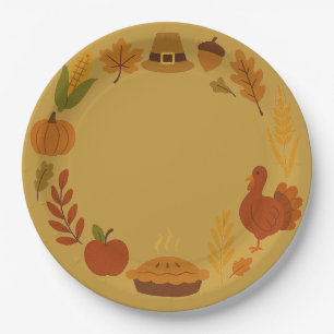 Wreath Circular Thanksgiving Rich Dusty Mustard Paper Plate