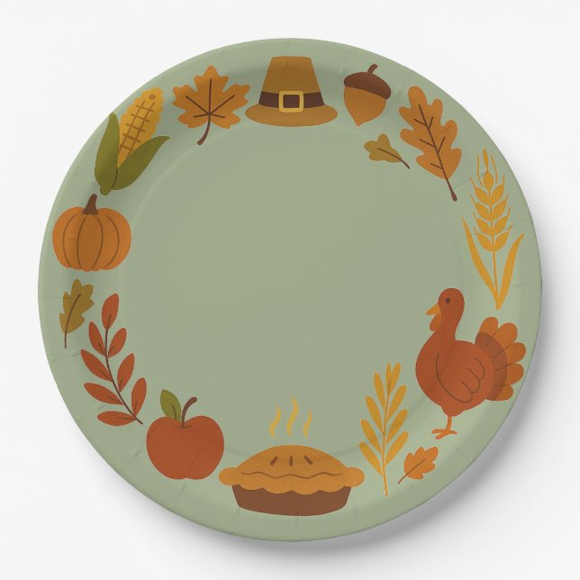 Wreath Circular Thanksgiving Sage Green Paper Plate (Front)