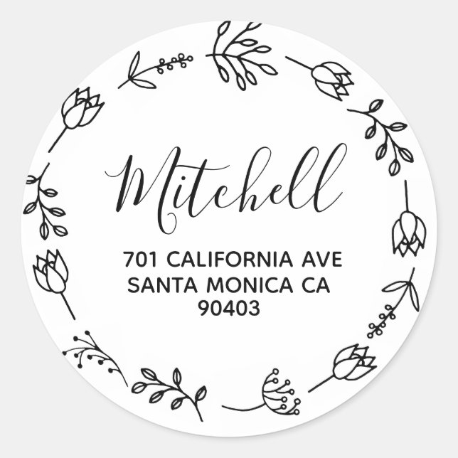 wreath design family address classic round sticker (Front)