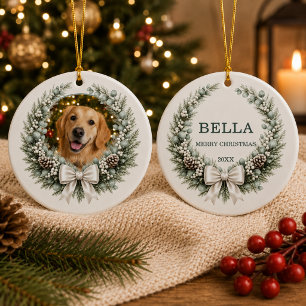 Wreath Dog Pet Christmas Bow Photo Ceramic Tree Decoration