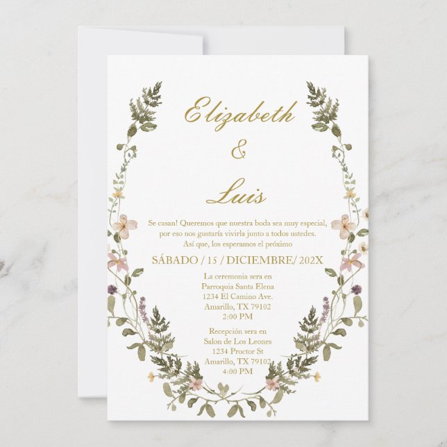 Wreath Elegant Wedding Invitation in Spanish (Front)