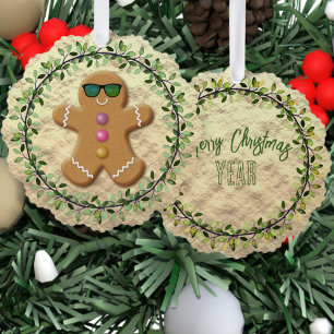 Wreath Encircled Gingerbread Man on Faux Foil  Tree Decoration Card