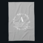 Wreath Family Name Monogram White Grey  Tea Towel<br><div class="desc">Personalise with your own initial and name.</div>
