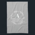 Wreath Family Name Monogram White Grey  Tea Towel<br><div class="desc">Personalise with your own initial and name.</div>