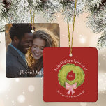 Wreath First Christmas Married Couple Keepsake  Ceramic Ornament<br><div class="desc">Husband and wife first Christmas personalised keepsake ornament with photo on the back. Created from a hand drawn watercolor wreath and bow in a vintage inspired style.  Original art by Leslie Larson.</div>
