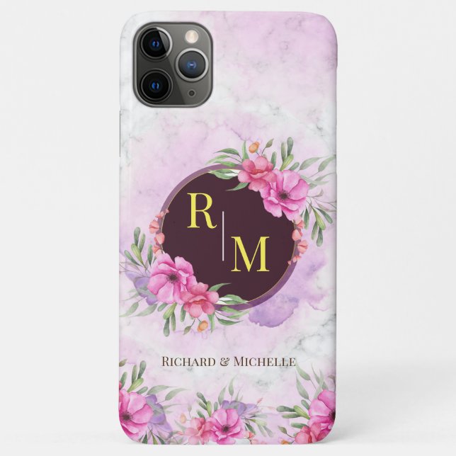 Wreath Floral Initial Letter Monogram Name Marble Case-Mate iPhone Case (Back)