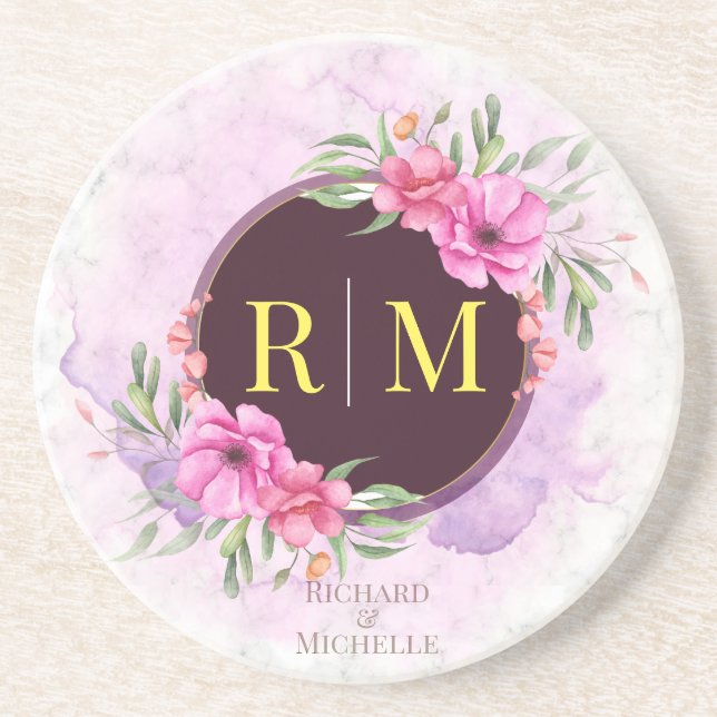 Wreath Floral Initial Letter Monogram Name Marble Coaster (Front)