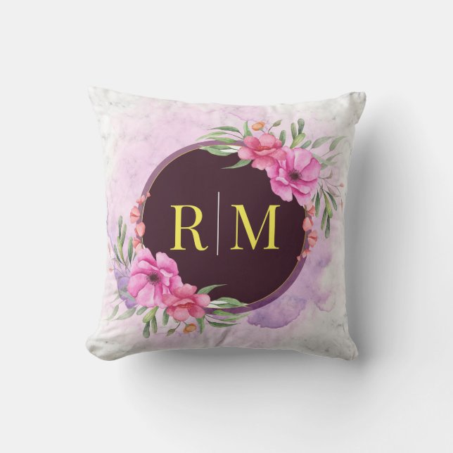 Wreath Floral Initial Letter Monogram Name Marble Cushion (Front)