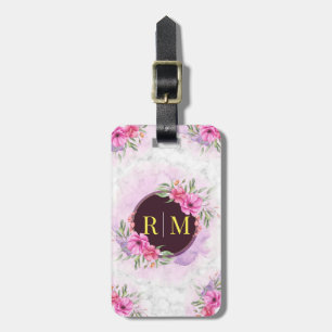 Wreath Floral Initial Letter Monogram Name Marble Luggage Tag