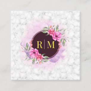 Wreath Floral Initial Letter Monogram Name Marble Square Business Card