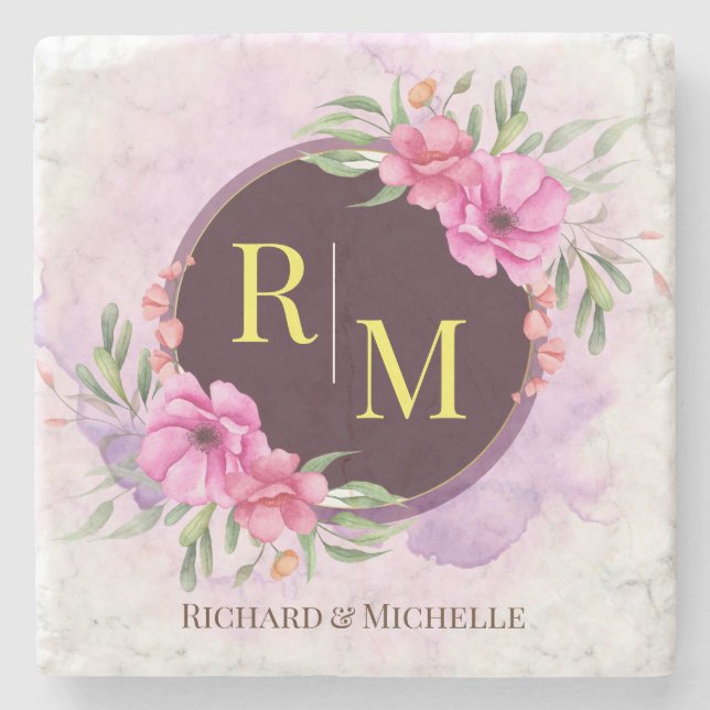 Wreath Floral Initial Letter Monogram Name Marble Stone Coaster (Front)