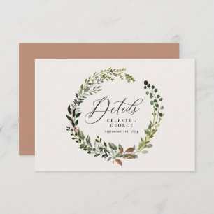 Wreath foliage botanical barn wedding details card