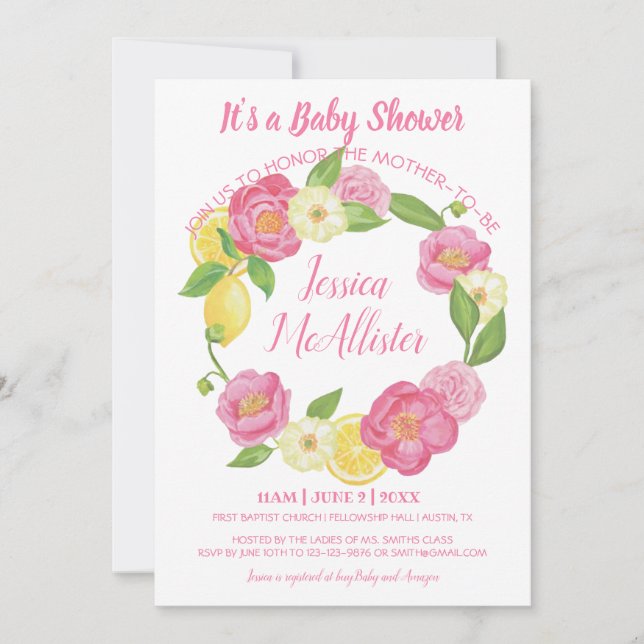 Wreath Girl  Pink Roses Yellow Lemon Baby Shower Invitation (Front)