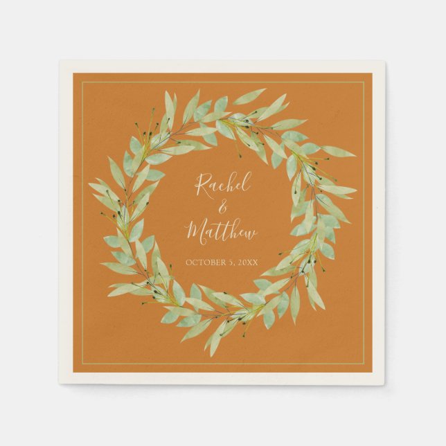 Wreath Greenery on Ochre Wedding Napkin (Front)