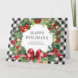 Wreath Holly Berries Black Plaid Business Holiday Card