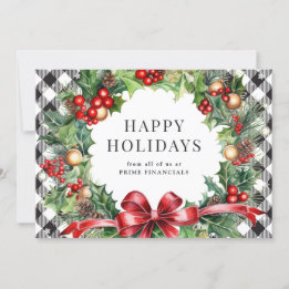 Wreath Holly Berries Black Plaid Business Holiday Card