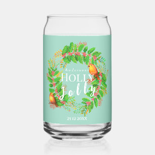 Wreath Holly Jolly  Family Light Teal Can Glass