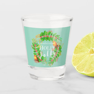 Wreath Holly Jolly Family Light Teal Shot Glass