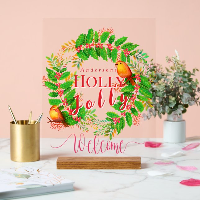 Wreath Holly Jolly Family White Acrylic Sign (Wedding)
